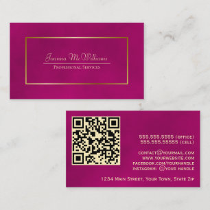 Tarjeta De Visita Elegante Magenta y código QR profesional Gold