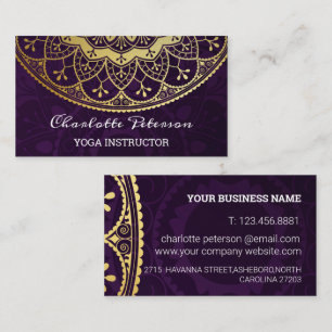 Tarjeta De Visita Elegante Mandala Floral de Morado y Dorado