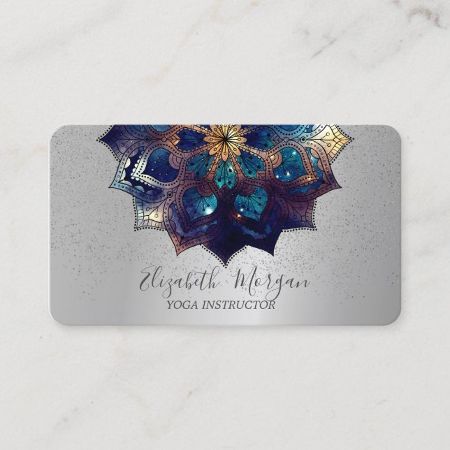Tarjeta De Visita Elegante Mandala profesional Plata Confetti Yoga (Anverso)