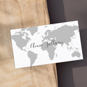 Tarjeta De Visita Elegante mapa del mundo gris sobre blanco