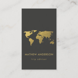 TARJETA DE VISITA ELEGANTE MAPA DEL MUNDO NEGRO GOLD FAUX PERSONALIZ