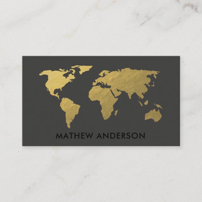 TARJETA DE VISITA ELEGANTE MAPA DEL MUNDO NEGRO GOLD FAUX PERSONALIZ (Anverso)