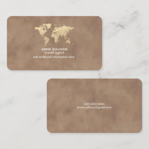 Tarjeta De Visita Elegante Mapa Mundial del Agente de Viajes Marrón 