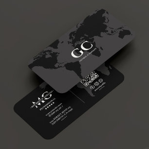 Tarjeta De Visita Elegante Mapa Mundial Profesional Gris Negro