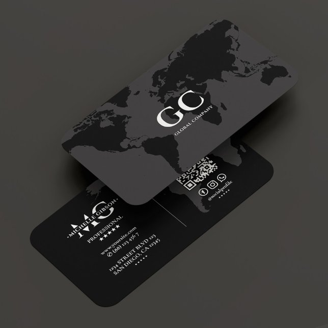 Tarjeta De Visita Elegante Mapa Mundial Profesional Gris Negro (Elegant Professional Global World Map Black Grey Business Card
)
