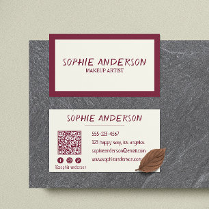 Tarjeta De Visita Elegante Maquilladora de Burgundy con Código QR