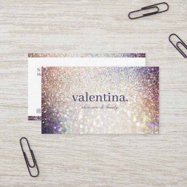 Tarjeta De Visita Elegante maquillaje violeta y Purpurina de champán (Anverso/Reverso In Situ)