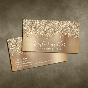 Tarjeta De Visita Elegante maquillaje y cabello purpurina dorado