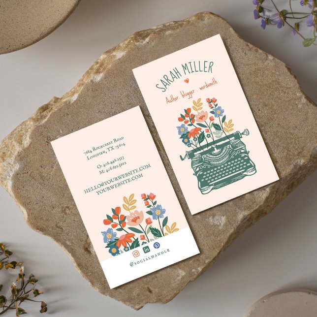 Tarjeta De Visita Elegante máquina de escribir de época bloguera flo (Elegant Vintage Typewriter Blooming Flowers Bloger Business Card)