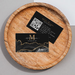 Tarjeta De Visita Elegante Marble Black Gold Photo QR Código Monogra