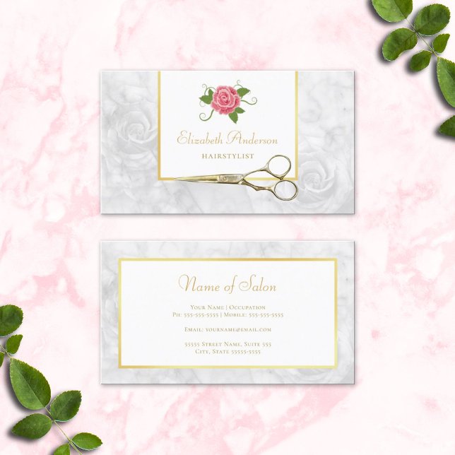 Tarjeta De Visita Elegante Marble Hairstylist Gold Shears y Rosa (Elegant Marble Hairstylist Gold Shears and Rose Business Cards)