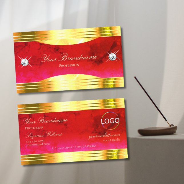 Tarjeta De Visita Elegante Marble Rojo Brillante Bordes De Oro Logot (Subido por el creador)