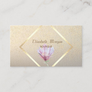 Tarjeta De Visita Elegante, Marco Dorado, Acuarela de Magnolia con C