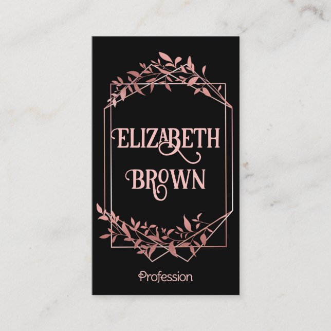 Tarjeta De Visita Elegante marco dorado rosa hojas negro (Anverso)