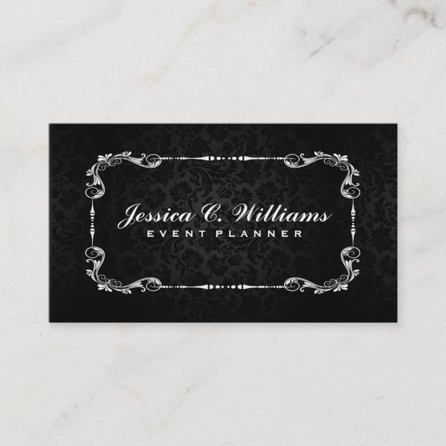 Tarjeta De Visita Elegante marco floral blanco y negro (Anverso)
