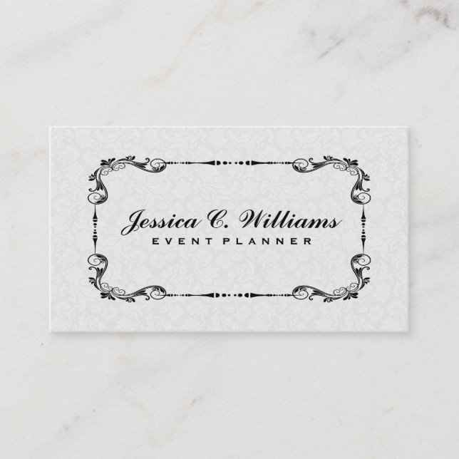 Tarjeta De Visita Elegante marco floral blanco y negro 2 (Anverso)