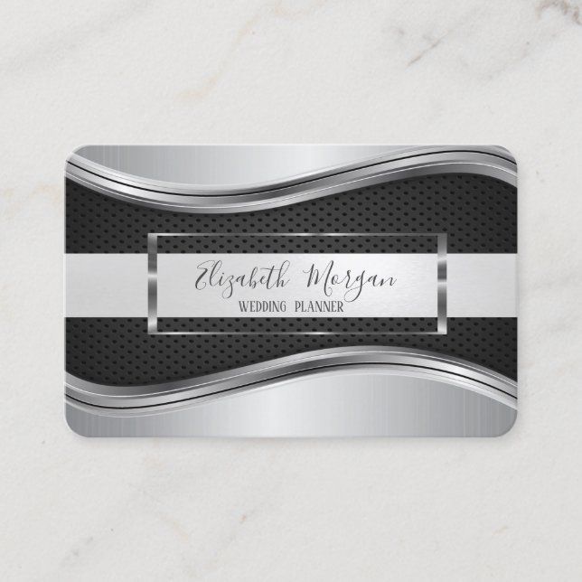 Tarjeta De Visita Elegante marco moderno metálico plateado negro (Anverso)