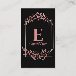 Tarjeta De Visita Elegante marco monogramado de oro rosa hojas negro