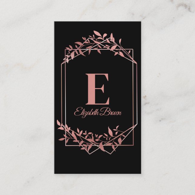 Tarjeta De Visita Elegante marco monogramado de oro rosa hojas negro (Anverso)
