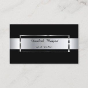 Tarjeta De Visita Elegante Marco Plateado de Raya Negra de Moda