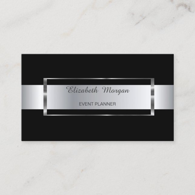 Tarjeta De Visita Elegante Marco Plateado de Raya Negra de Moda (Anverso)