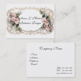Tarjeta De Visita Elegante marco victoriano Flores rosadas y azules