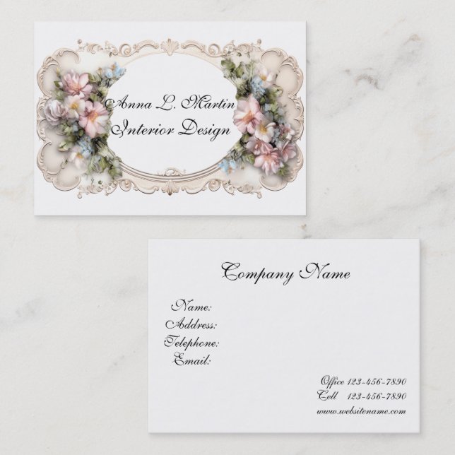 Tarjeta De Visita Elegante marco victoriano Flores rosadas y azules (Anverso / Reverso)