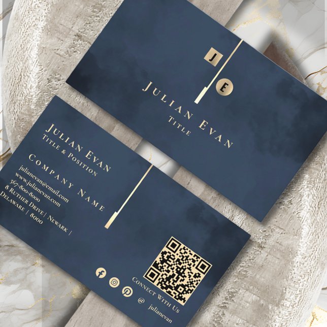 Tarjeta De Visita Elegante Marina Artística Monograma Azul Oro (Subido por el creador)