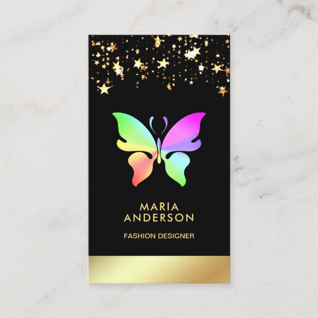 Tarjeta De Visita Elegante mariposa arcoiris negro de Moda Confetti (Anverso)
