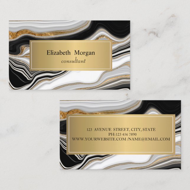 Tarjeta De Visita Elegante Mármol blanco de oro negro (Anverso / Reverso)