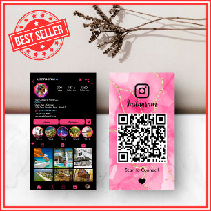 Tarjeta De Visita Elegante mármol de ágata rosa y negro QR de Instag