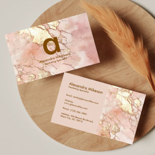 Tarjeta De Visita Elegante Mármol Rosa con Marca Dorada