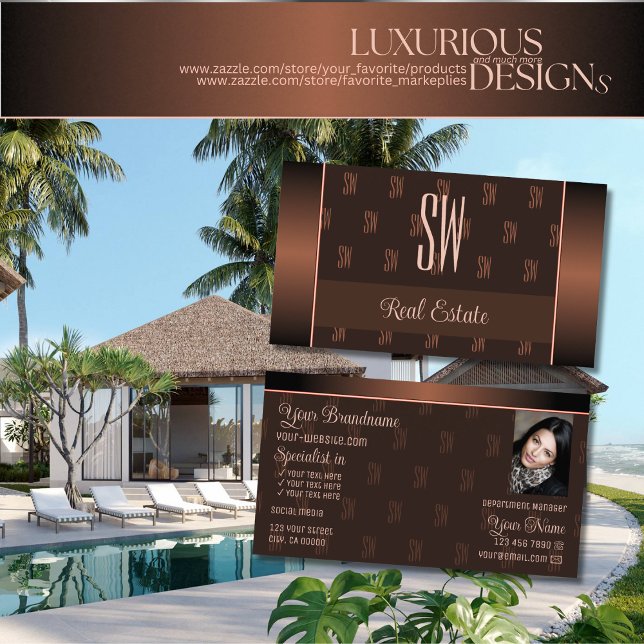 Tarjeta De Visita Elegante marrón con patrón de monograma de foto y  (Subido por el creador)