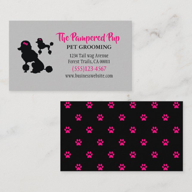 Tarjeta De Visita Elegante Mascota de perro de caniche Grooming Gris (Anverso / Reverso)