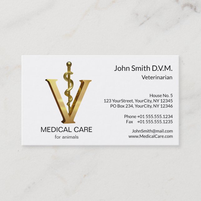 Tarjeta De Visita Elegante Medicina Veterinaria Gold V Vet Asclepius (Anverso)