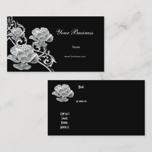 Tarjeta De Visita Elegante Metal Negro con Aspecto de Plata Joya Flo