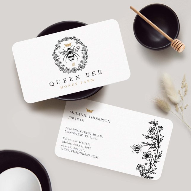 Tarjeta De Visita Elegante miel de cosecha de miel reina abeja negro (Elegant Vintage Honey Queen Bee Black & White Busi Business Card)