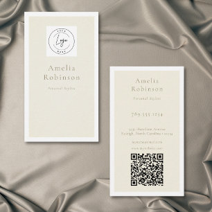 Tarjeta De Visita Elegante Minimalista Moderna Logo QR de Marfil Pro