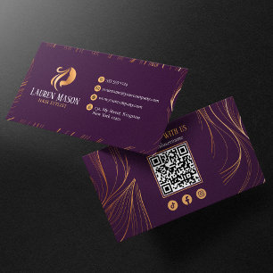 Tarjeta De Visita Elegante Minimalista Púrpura Pelo DoradoCódigo QR 