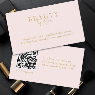 Tarjeta De Visita Elegante minimalista rosa y beige-dorado, código Q