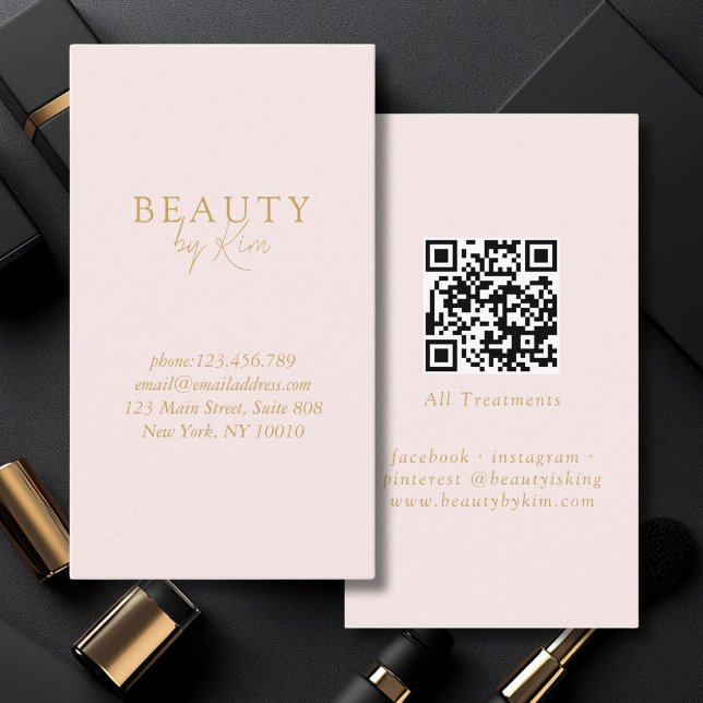 Tarjeta De Visita Elegante minimalista rosa y beige-dorado, código Q (Pink & Beige-Gold Minimal Elegant, Salon QR Code Business Card)