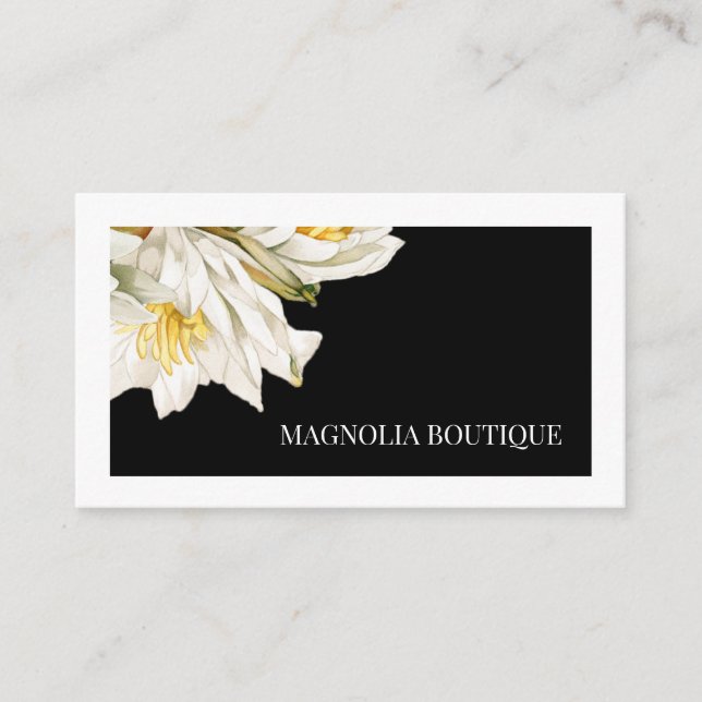 Tarjeta De Visita Elegante Mínimo Floral Blanco y Negro (Anverso)