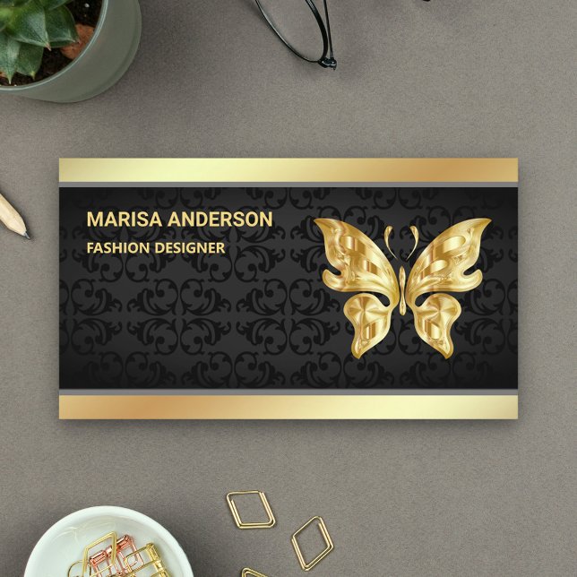 Tarjeta De Visita Elegante Moda Black Damask Faux Relieve metalizado (Subido por el creador)