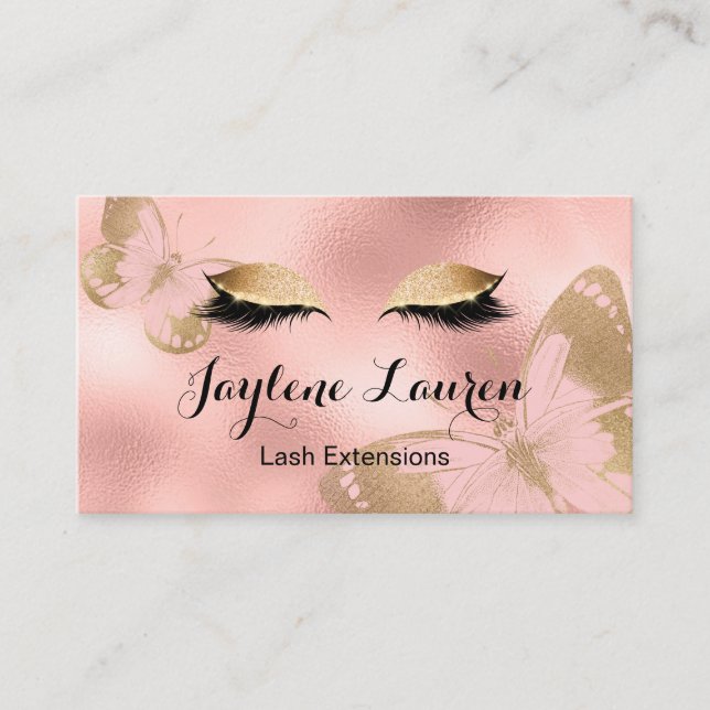 Tarjeta De Visita Elegante Moda de azotes de mariposa de oro rosa (Anverso)