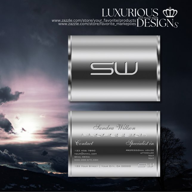 Tarjeta De Visita Elegante Moda de Monograma 3D y Plata Brillante (Subido por el creador)