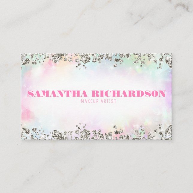 Tarjeta De Visita Elegante Moda de plata iricoiris holográfica iridi (Anverso)