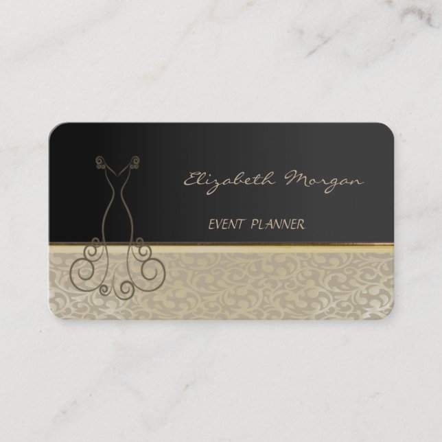 Tarjeta De Visita Elegante Moda elegante, Damasco, Negro, Vestido (Anverso)