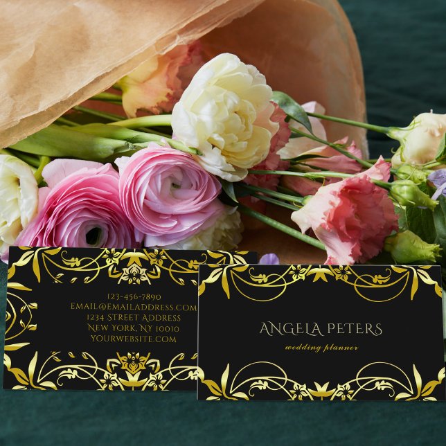 Tarjeta De Visita Elegante Moda Fancy Gold Ornate Frame En Negro (Subido por el creador)