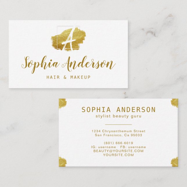 Tarjeta De Visita Elegante Moda Golden & Signature Script Business B (Anverso / Reverso)