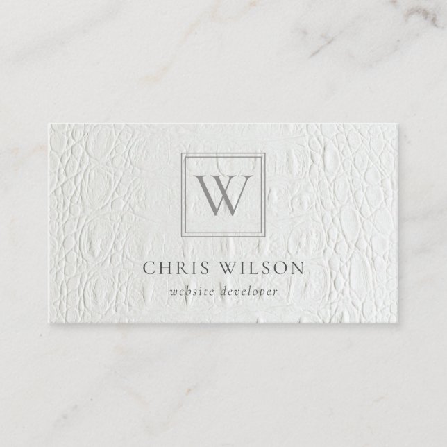 Tarjeta De Visita Elegante Moda Monograma Textura de cuero blanco ma (Anverso)